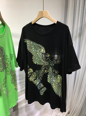 欧货2-300斤胖mm重工烫钻短袖T恤男女同款圆领宽松大版老鹰上衣潮