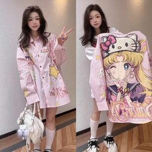 女早春装 美少女印花条纹衬衫 宽松中长款 长袖 开衫 300斤胖m特大码