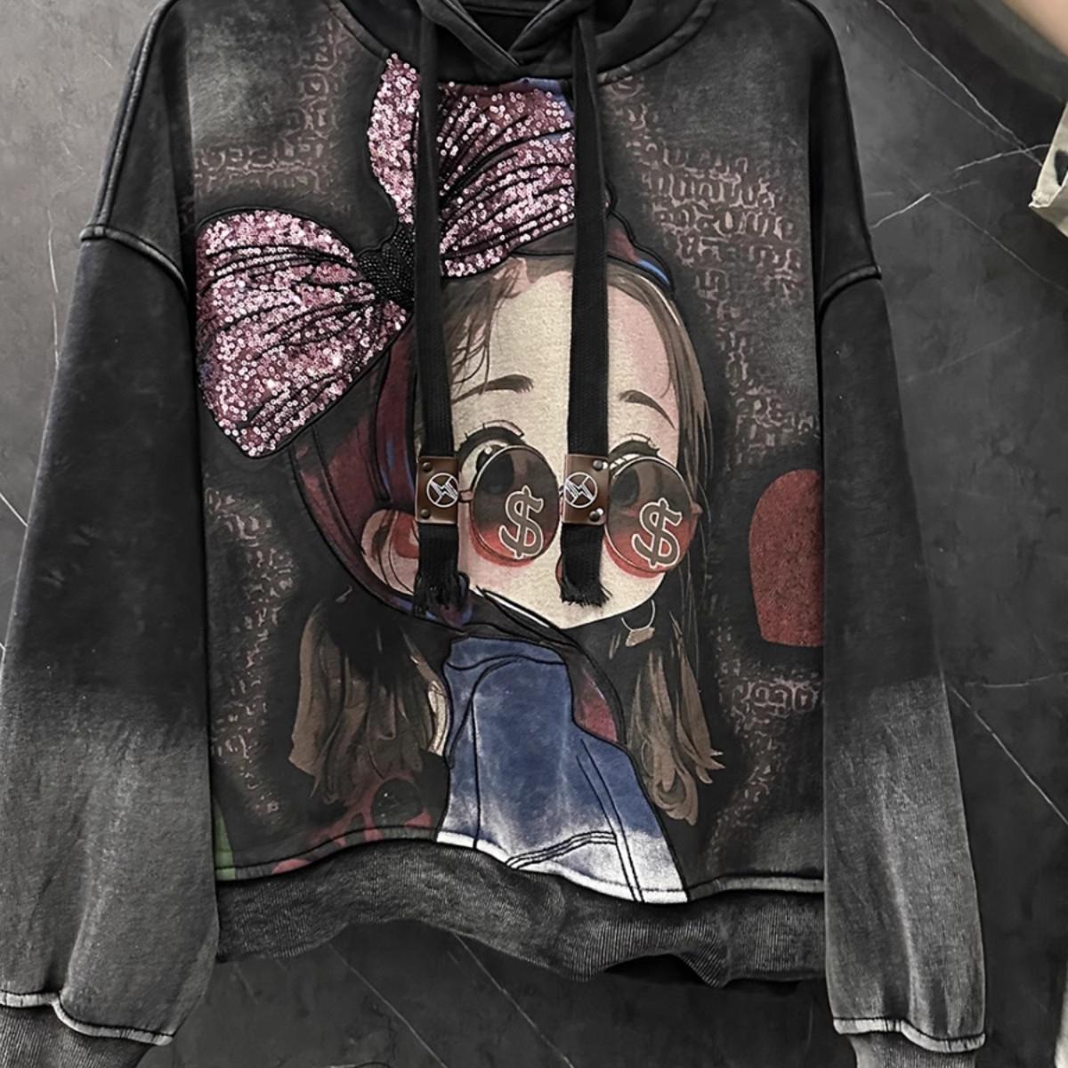 超大码2-300斤胖m潮牌重工亮片蝴蝶结女孩头宽松加绒连帽长袖卫衣