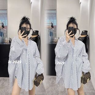 2-300斤胖mm欧洲站春秋新款小众条纹拼色男友风衬衫百搭上衣女潮
