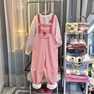 特大码2-300斤胖m毛茸茸可爱甜美软糯立体花朵羊羔毛加绒背带裤女