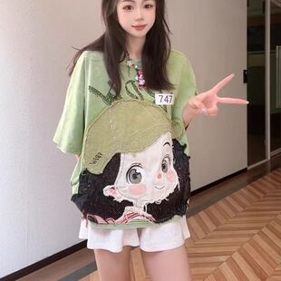 2-300斤胖mm特大码重工春夏短袖T恤女宽松大版卡通贴布高级感上衣