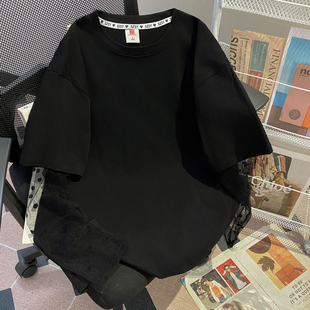 胖mm2 夏日美式 街头假两件拼接薄纱防晒长袖 T恤女上衣 300斤特大码