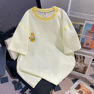 胖mm2 t恤女拼色圆领上衣 300斤特大码 减龄卡通刺绣设计感小众短袖