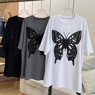 短袖 重工烫钻蝴蝶上衣宽松遮臀中长款 T恤女 夏新款 200斤胖mm特大码