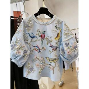小众大码300斤重工女装重工钉珠鸟儿印花高级感T恤时尚洋气上衣潮