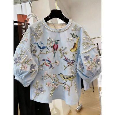 大码300斤重工钉珠鸟儿印花T恤女