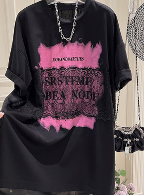 超大码2-300斤胖mm夏季欧洲站休闲时尚蕾丝拼接中长款T恤连衣裙女