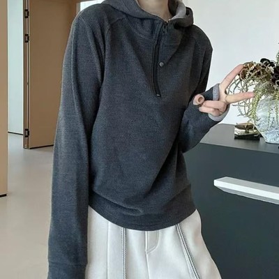 韩系气质双面绒加厚半拉链连帽撞色卫衣冬季新款时尚百搭显瘦上衣
