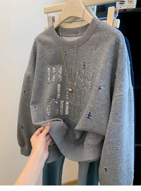 特大码重工钉珠字母无帽圆领卫衣女春秋慵懒风宽松上衣新款女装潮