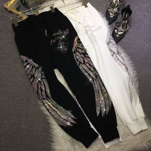 翅膀显瘦运动休闲长裤 加绒加厚重工烫钻卫裤 冬季 300斤胖m特大码