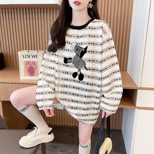 t恤女初秋宽松慵懒风减龄上衣 泡泡镂空条纹长袖 胖mm2 300斤特大码