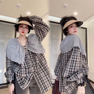 V领开衫 春夏镂空娃娃领格子衬衫 洋气宽松上衣女 300斤特大码 胖mm2