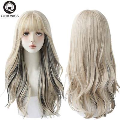 7JHH WIGS Long Wavy Curly Black Blonde Hair Highlights Synth