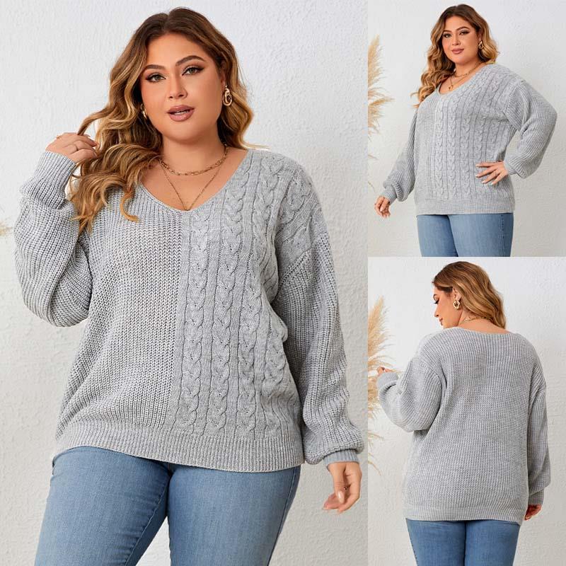 Knit sweater plus size pullover V-neck versatile women's-封面