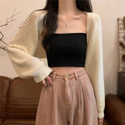 欧美时尚针织短款开衫上衣女 Knitted Crop Top Cardigan Women