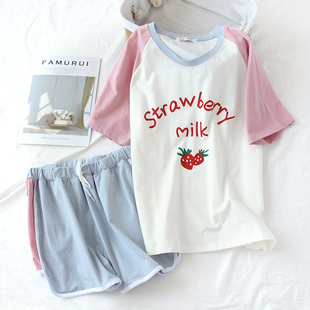 夏季 milk草莓纯棉睡衣女夏天休闲短袖 学生两件套装 可外穿 短裤 薄款
