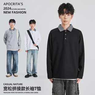 T恤撞色翻领POLO衫 APO男装 长袖 打底衫 潮牌宽松内搭上衣 男秋冬款