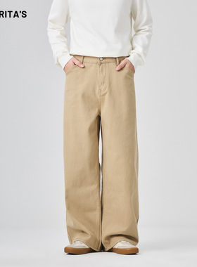 APO男装|青年纯棉休闲裤男女秋冬宽松直筒百搭白色牛仔裤做旧长裤