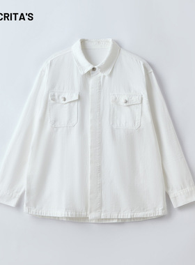 APO男装|青年男士白色纯棉长袖衬衫春季宽松简约休闲压褶衬衣上衣