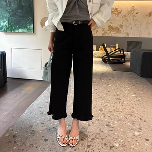 小个子通勤风休闲西裤 2026高腰木耳花边女显瘦黑色九分裤 时尚 韩版