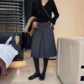 韩版 复古毛呢半身裙女高腰显瘦A字中裙百搭开叉裙灰色通勤极简风