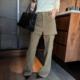 韩版 显瘦 女卡其色长裤 复古洋气冬季 高腰假两件设计感休闲喇叭裤
