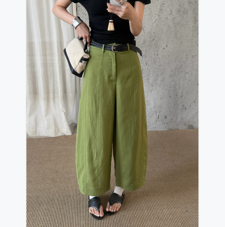 复古高腰阔腿裤天丝亚麻棉夏季透气绿色松弛感显瘦小个子女九分裤