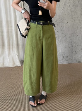 复古高腰阔腿裤天丝亚麻棉夏季透气绿色松弛感显瘦小个子女九分裤