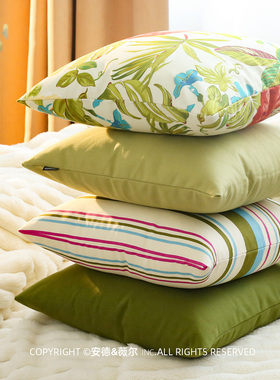 轻奢简约军绿色系抱枕靠垫客厅沙发方形纯棉帆布靠背床上花卉靠枕