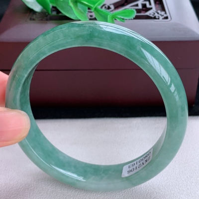 缅甸天然翡翠a货玉石观音佛手镯芯 冰润飘绿油绿58.7圈口正圈手镯