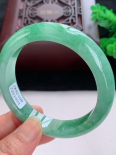 缅甸天然翡翠a货玉石观音佛 56圈口翡翠手镯玉镯 冰润阳绿飘绿55