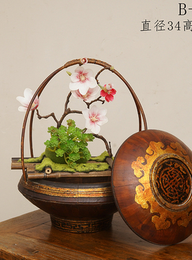 清代实木插花花篮木提篮老提篮