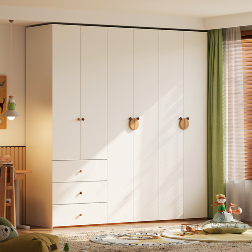 新款全实木橡木儿童衣柜奶油白