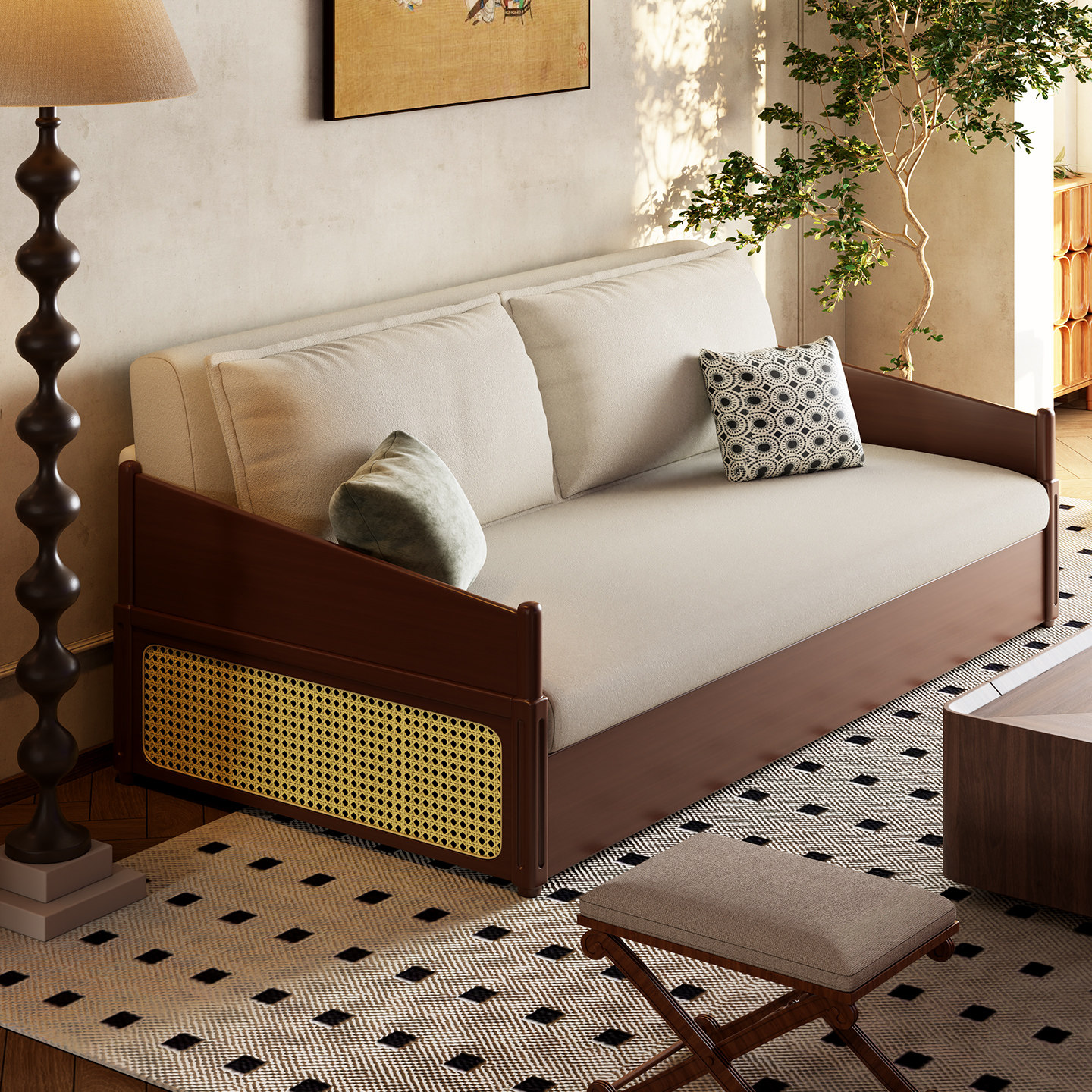 北欧实木沙发床中古风折叠两用小户型客厅单双人棉麻抽拉式可变床,住宅家具,沙发床,淘宝优惠券,粉丝福利购,淘宝优惠卷