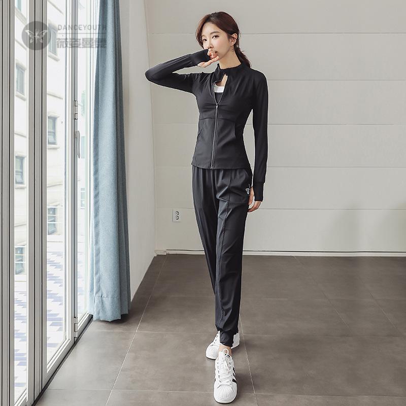 瑜伽服女2025新款普拉提春秋宽松黑色长袖外套跑步衣运动健身套装