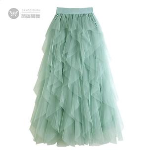 超仙荷叶边拼接网纱a字半身裙女2024新款 百搭高腰显瘦大摆蓬蓬裙