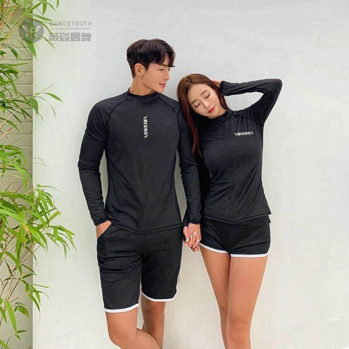 新款情侣泳衣女夏运动款裙式分体两件套显瘦性感海边沙滩男泳裤