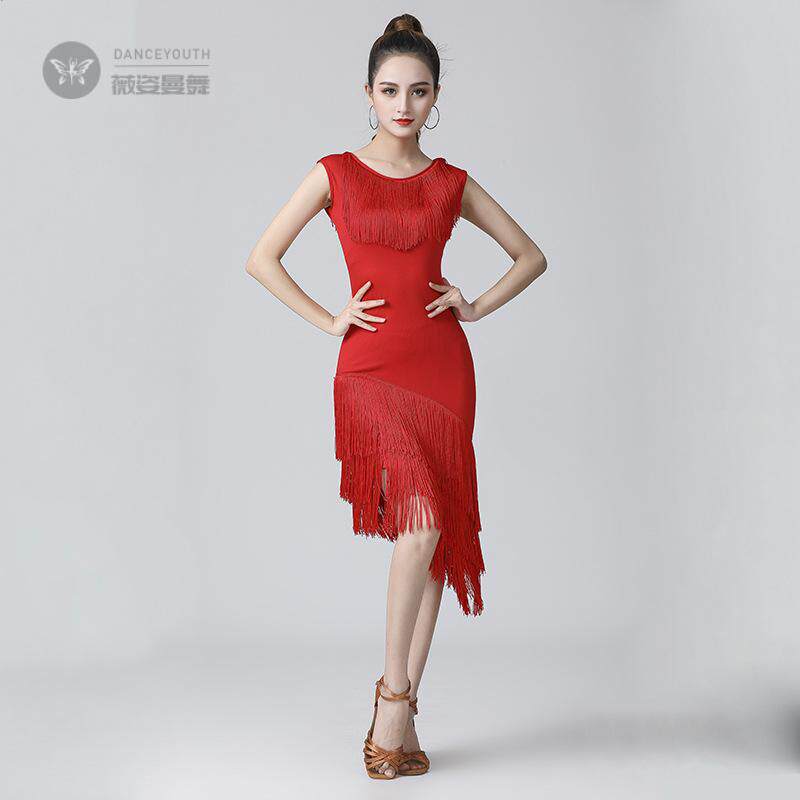 拉丁舞表演出服专黑池比赛服装女成人新款性感流苏连衣裙业袖