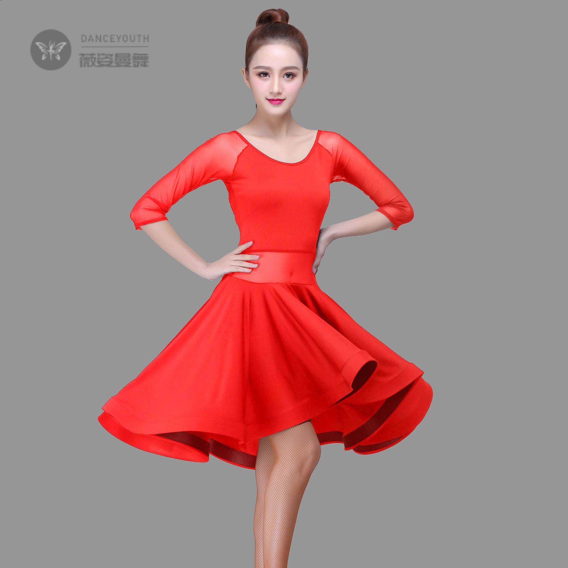 新款拉丁舞服装女成人性感春夏秋冬网纱跳舞蹈鱼骨连衣裙比赛套装