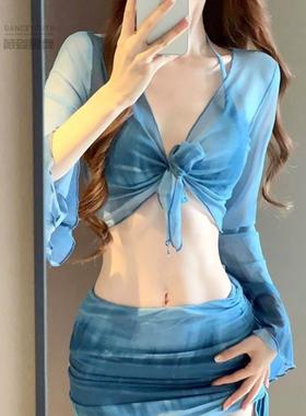 2024年新款四件套蓝色渲染渐变比基尼女双层纱裙性感遮肉显瘦