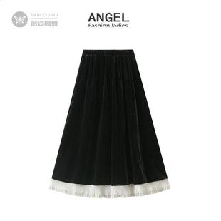 丝绒撞色压褶半身裙女2024秋冬新款 黑色高腰气质百褶半裙6653