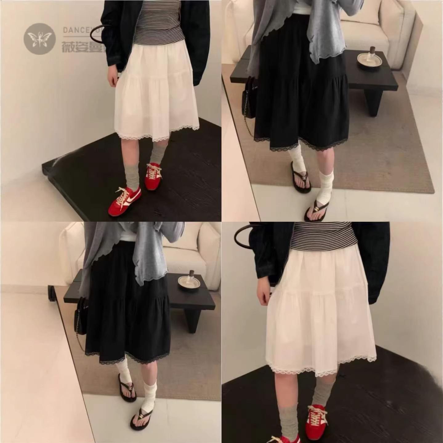 韩系黑色蕾丝拼接高腰显瘦A字女