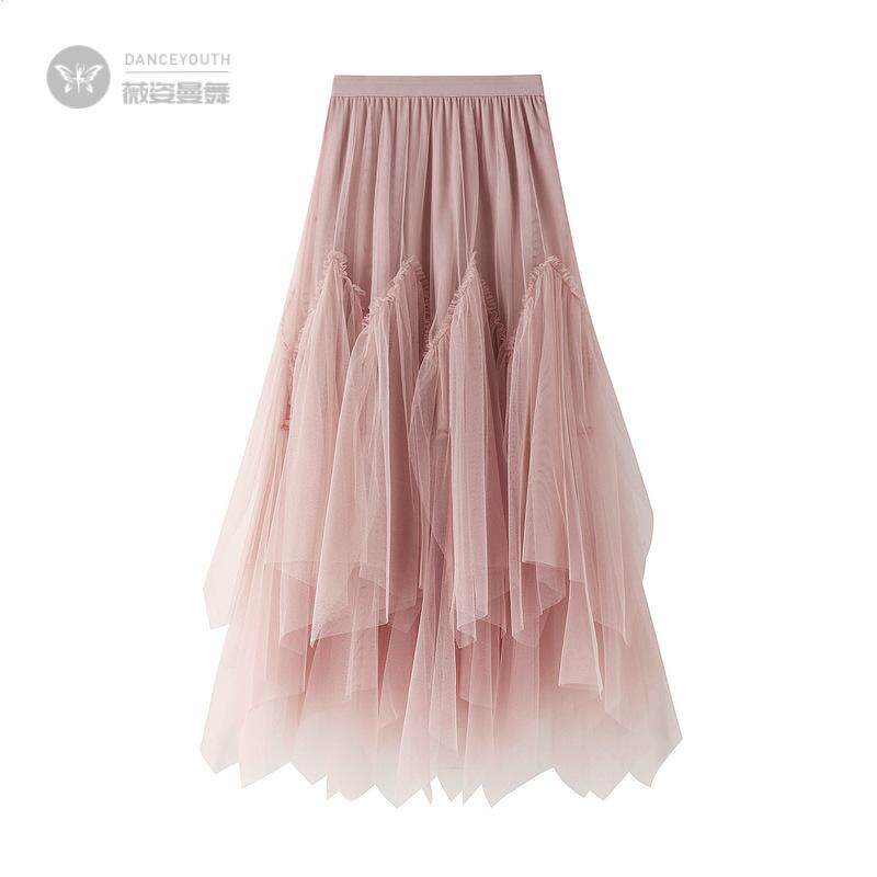 半身裙秋冬女中长款a字裙蓬蓬纱裙长裙网纱清新不规则百褶裙8350