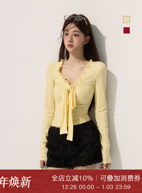 Moxiebabe甜辣妹黄色别致木耳边T恤女装秋季小众减龄显瘦百搭上衣