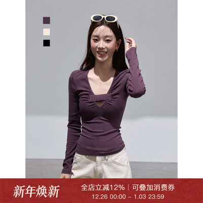 辣妹紫色镂空长袖内搭T恤女上衣