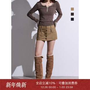 短裤 Moxiebabe美式 减龄休闲裤 女秋冬复古新款 别致高腰卡其色裙裤