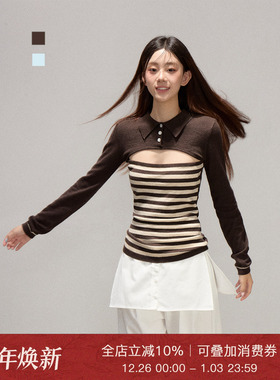 Moxiebabe美式复古条纹拼接长袖T恤女冬季撞色镂空修身假两件上衣