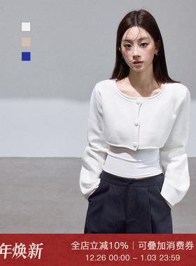 Moxiebabe高级感白色圆领针织外套女冬季单排扣宽松短款开衫上衣