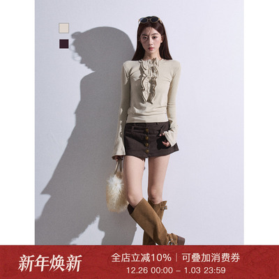 复古杏色荷叶边长袖T恤女装上衣